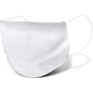 A reusable face mask in a plain white design, featuring ear loops and a soft texture, with branding visible.