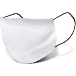 A reusable face mask in white with black ear straps, designed for health and personal use.