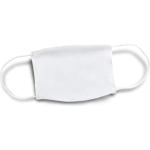 A reusable face mask in white with elastic ear straps and a branding logo.