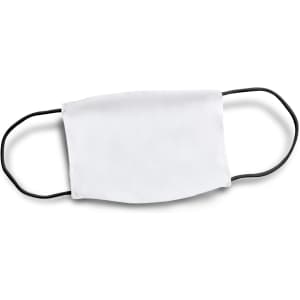 A reusable face mask in white with black ear straps, featuring a logo. Suitable for health and personal use.