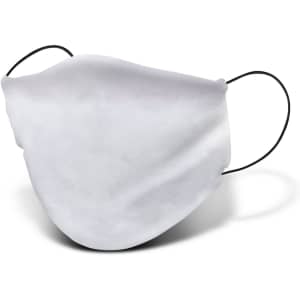 A reusable face mask in white with black ear loops, designed for a comfortable fit.