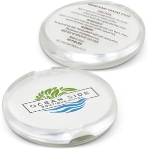 A round, clear case containing hand soap, featuring a logo on the front.