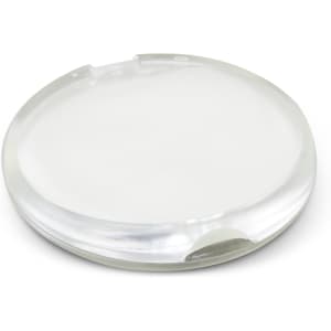 A round, transparent travel case designed for hand soap, featuring a sleek, smooth surface.