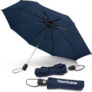 A navy blue umbrella with a silver frame, featuring a logo, and a compact carry case.