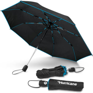 A black umbrella with turquoise accents, featuring a compact foldable design and a logo.
