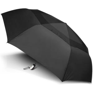 A black umbrella with a sleek design and a handle, featuring a logo on the canopy.