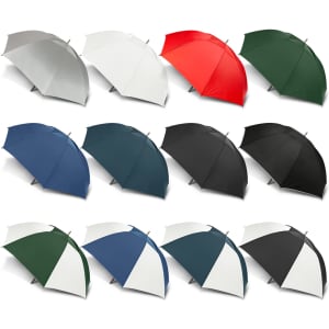 A collection of twelve umbrellas in white, red, green, blue, teal, black, and dark green, featuring a logo.