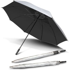 A black and silver umbrella with a curved handle, displayed open and alongside its closed form. It features a logo.