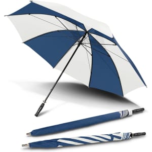 A blue and white umbrella with a sturdy handle and a logo, displayed opened and with its folded form beside it.