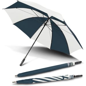 A large, navy and white sport umbrella, opened and closed, featuring a handle and a logo.