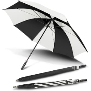 A black and white sport umbrella with a curved handle, displayed open and alongside its closed form.