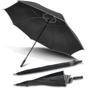 A black Hurricane Sport Umbrella with a sturdy handle, shown both open and folded. It features a logo on the handle.
