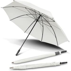 A white sport umbrella with a black handle, featuring a logo, and a compact design for easy storage.