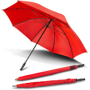 A red "Hurricane Sport Umbrella" is open, with two closed sections displayed beside it, featuring a logo.
