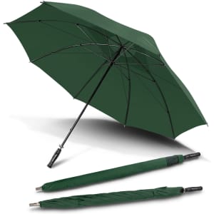 A green hurricane sport umbrella with a sturdy base and a closed version beside it, featuring a branding logo.