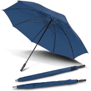 A navy blue sport umbrella with a canopy open, alongside its folded form. It features a logo on the handle.