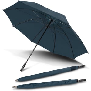 A dark teal sport umbrella displayed open with its collapsed form beside it, featuring a handle with a logo.