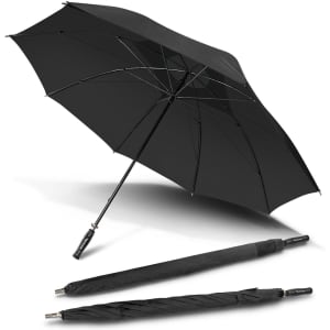 A black Hurricane Sport Umbrella opened and closed, showcasing its sleek design and branding.