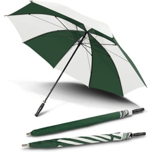 A large green and white umbrella with a sturdy handle, displayed open and alongside its folded version.