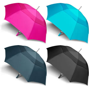 Four umbrellas in pink, teal, dark green, and black, featuring a metallic handle and a brand logo.