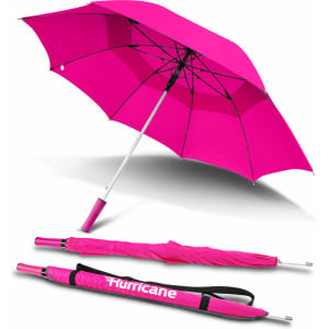 A pink umbrella with a silver handle and a carry strap, displayed both opened and folded. It features a logo.