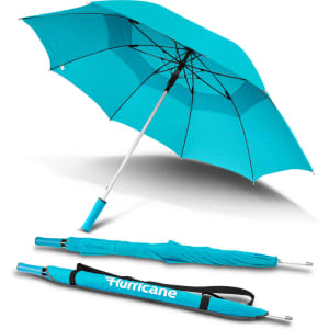 A turquoise umbrella with a sleek design and a logo, displayed both open and folded.
