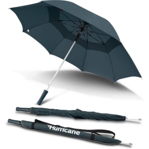 A dark teal umbrella with a silver handle, featuring a branding logo and a compact design for storage.