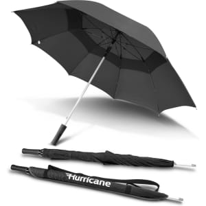 A black umbrella with a metallic frame and a branded handle, displayed open and in a folded position.
