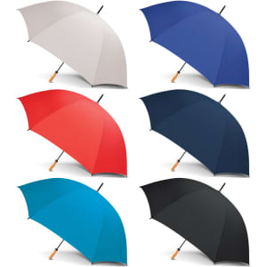 A set of six umbrellas in grey, blue, red, navy, teal, and black, each with a wooden handle and a logo.
