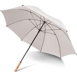 A large grey umbrella with a wooden handle and a black metal frame. It features a logo on the canopy.