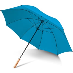 A blue umbrella with a wooden handle and a black metal frame, featuring a branded logo.
