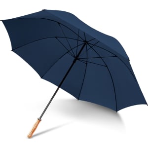 A navy umbrella with a wooden handle, featuring a curved design and a brand logo.