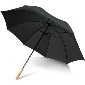 A black umbrella with a wooden handle and a metal frame, featuring a logo on the canopy.