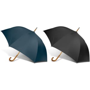 A pair of Boutique Umbrellas, one in teal and the other in black, featuring wooden handles and a classic design.