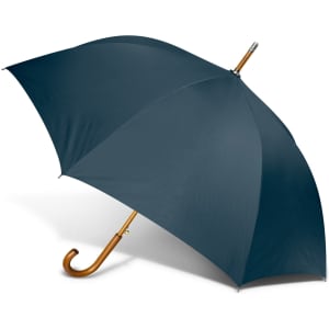 A dark blue Boutique Umbrella with a wooden handle and a smooth canopy. It features a logo.