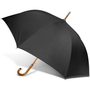 A black umbrella with a wooden handle, featuring a curved hook design and a sleek canopy.