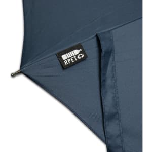 A dark navy umbrella featuring a tag and made from RPET material. The fabric appears smooth and durable.