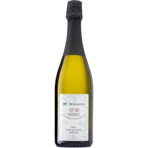 A drink bottle of Belvoir Sparkling Chardonnay Pinot Noir NV, featuring a black top and a pale yellow liquid.