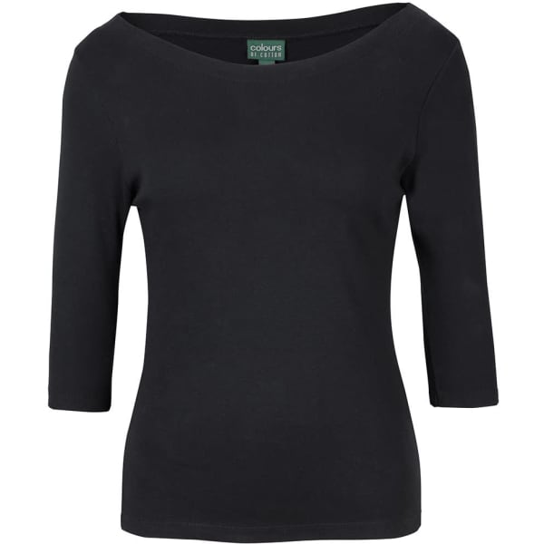 A black 3/4 sleeve boat neck tee, featuring a fitted design and a subtle brand logo.