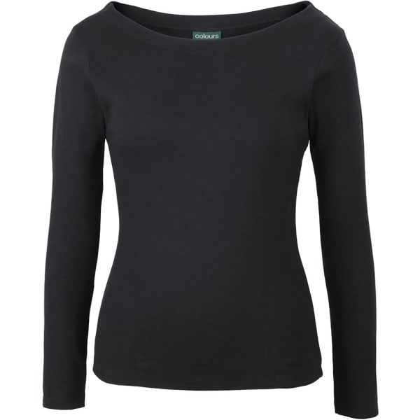 A black long-sleeved boat neck tee with a fitted silhouette and a logo at the neckline.