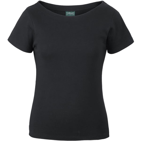 A black ladies' short-sleeve boat neck tee with a simple, fitted design and a branding label inside.