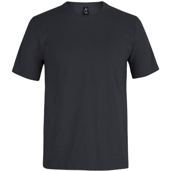 A plain black t-shirt with short sleeves, featuring a label at the neckline and no additional designs.