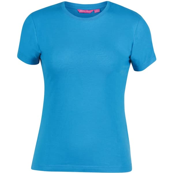 A blue ladies' tee with short sleeves and a crew neckline, featuring a logo on the label.