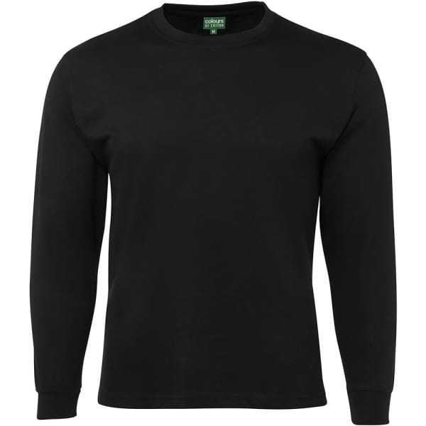 A black long-sleeve shirt with a round neckline and a tag visible inside the collar.