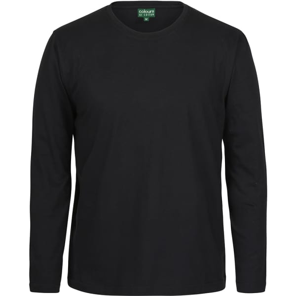 A black long-sleeve t-shirt with a round neck and a label inside. It features a plain design and has no visible logos.