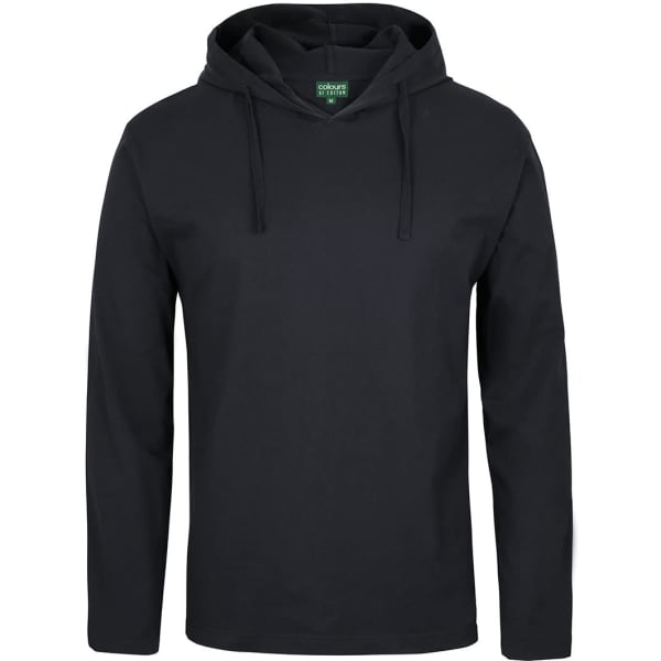A long-sleeved hooded tee in black with a drawstring and a logo.