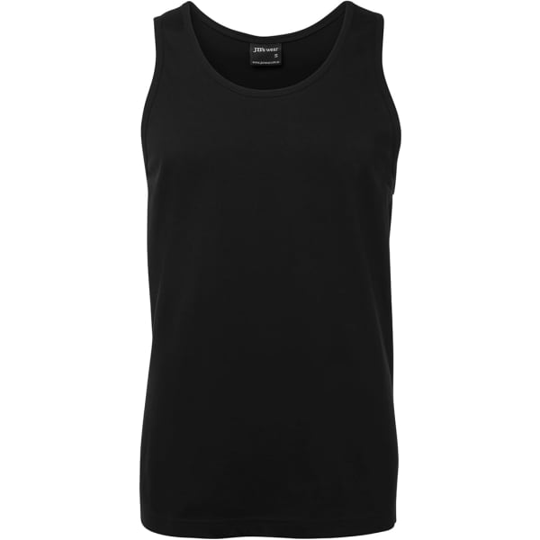 A black singlet top with a round neckline, featuring a branding logo on the interior tag.