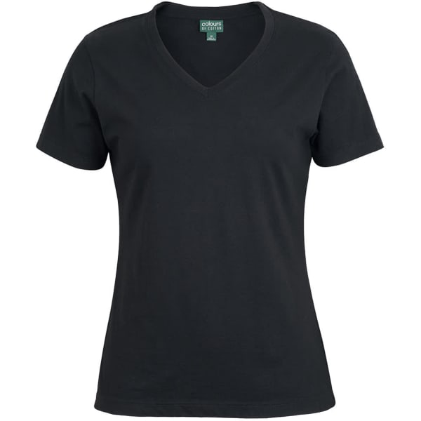 A black ladies' V-neck tee featuring short sleeves and a fitted design. It includes a branding label.