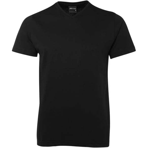 A black V-neck T-shirt featuring short sleeves and a simple design, with a logo at the neckline.