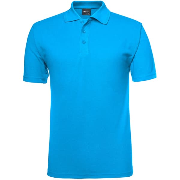 A polo shirt in bright blue with a classic collar and button placket, featuring a logo on the label.